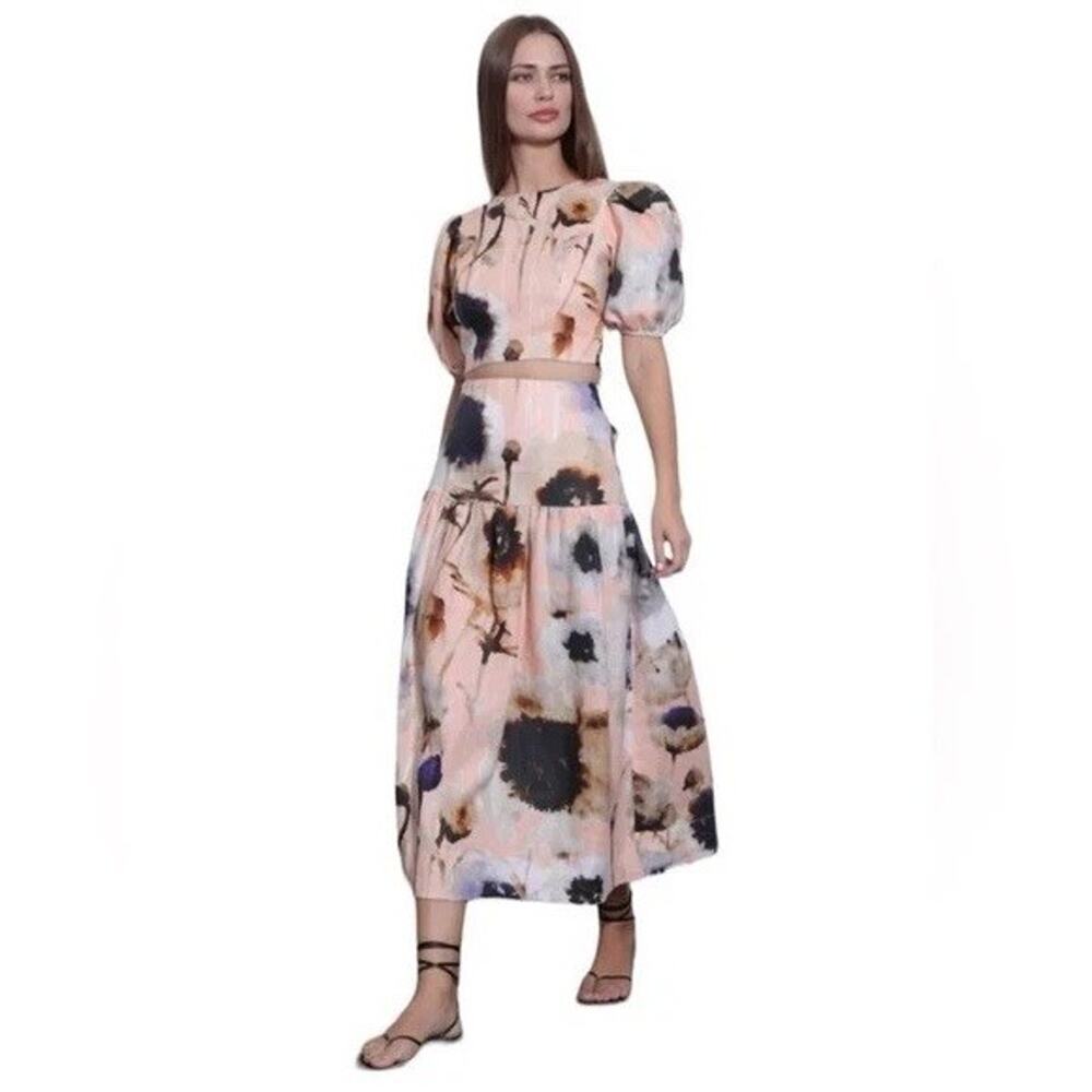 Karina Grimaldi Devi Peach Monet Floral Two Piece Skirt & Top Linen Set Small